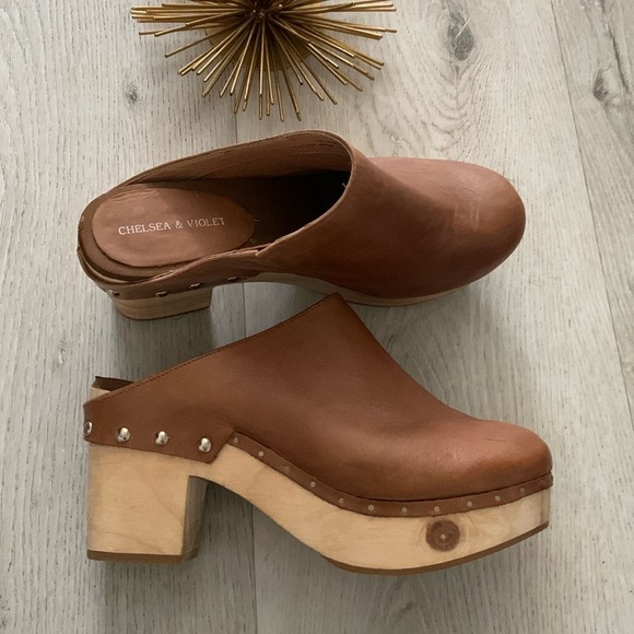 Chelsea & Violet‎ Jana Cream Tan Mules with Rounded Toe Wooden leather Boho - Picture 1 of 12